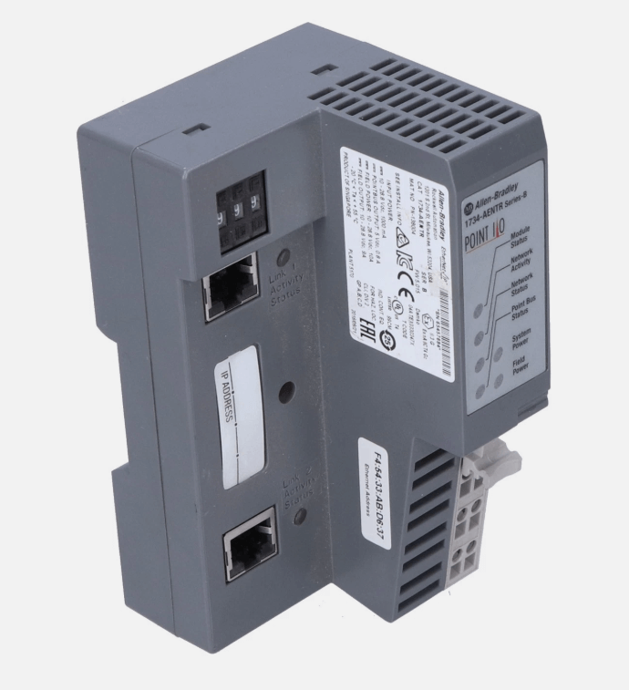 Rockwell 1734-AENTR POINT I/O Dual Port EtherNet/IP Adapter with ports and technical details shown