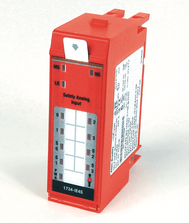 Rockwell 1734-IE4S POINT Guard I/O 4-Channel Analog Input Module in red casing with indicator lights.