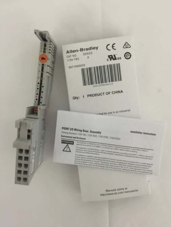 Rockwell 1734-TBS POINT I/O spring-clamp terminal base with packaging and instructions, showing industrial quality design.