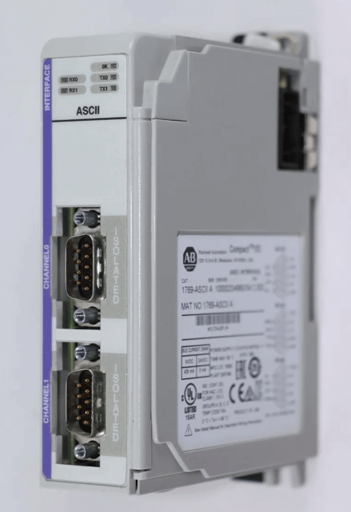 Rockwell 1769-ASCII CompactLogix ASCII Comms module with technical data label and isolated channels.