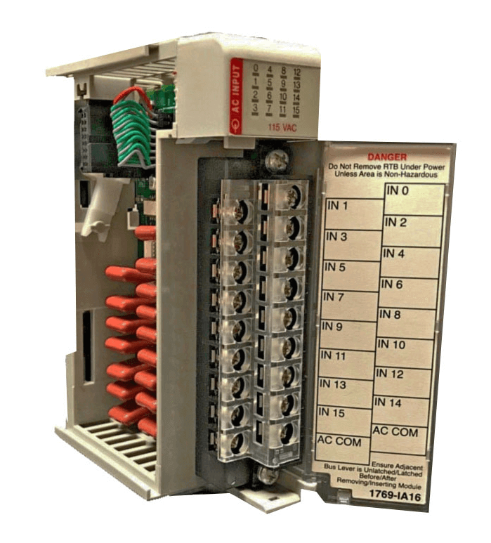 Rockwell 1769-IA8I Compact I/O 120VAC input module with 8 points, showcasing internal components and wiring connections.