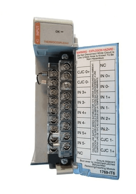 Rockwell 1769-IT6 Compact Thermocouple/mV input module showcasing terminal connections and technical data labels