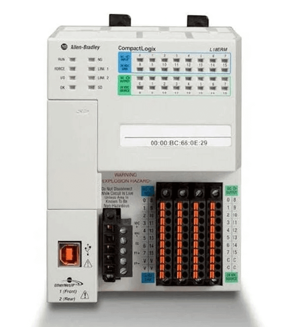 Rockwell 1769-L18ERM-BB1B CompactLogix 0.5MB Controller front view showing connectors and indicators