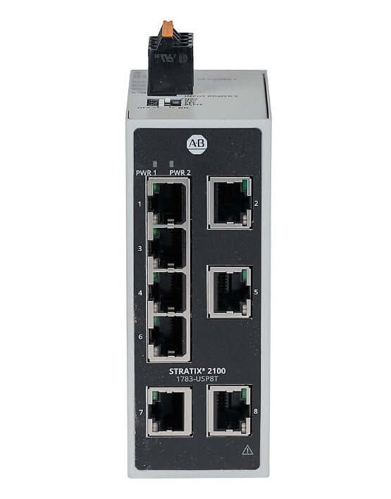 Rockwell 1783-USP8T Stratix 2100, Unmanaged Switch 8 port 100Mb copper front view, Industrial Quality.