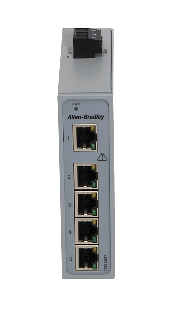 Allen-Bradley Stratix 2000 unmanaged switch with five copper ports for network connectivity.