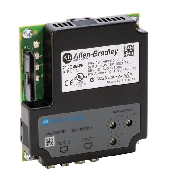 Rockwell 20-COMM-ER Dual-Port EtherNet/IP Communication Adapter with technical details and ports visible.