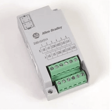 Rockwell 2080-IQ4OB4 Micro 800 Plug-in Digital I/O Combo Module with 4 x 12/24V DC Sink/Source Inputs and Outputs on white background