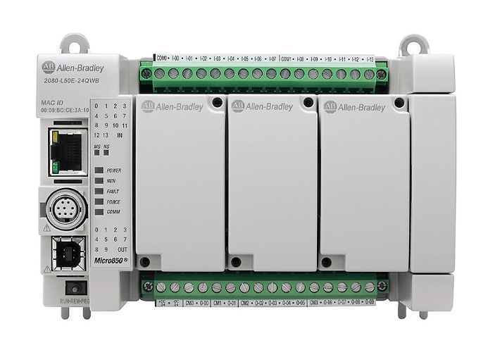 Rockwell - AB 2080-L50E-24QWB Allen-Bradley Micro850 programmable logic controller (PLC) with built-in I/O points.