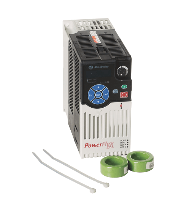 Rockwell PowerFlex 525 AC Drive with embedded EtherNet/IP, safety features, and accessories including green filters and zip ties.
