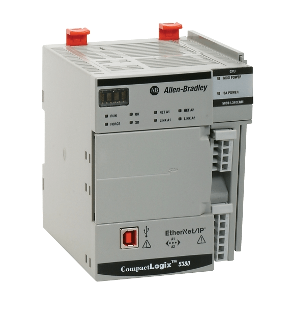 Allen-Bradley CompactLogix 5380 Ethernet/IP Controller with removable terminal blocks and status indicators.