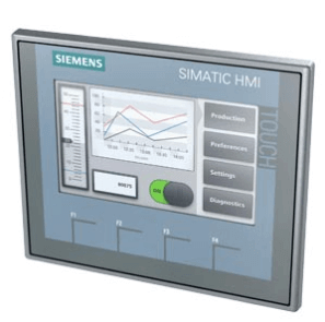 Siemens SIMATIC HMI KTP400 Basic panel with 4" TFT display, key/touch operation, showing a production dashboard with visual data charts