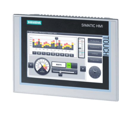 Siemens SIMATIC HMI TP700 Comfort Panel with 7" widescreen TFT display displaying control interface and graphs