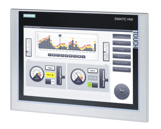 Siemens SIMATIC HMI TP1200 Comfort Panel with 12" widescreen TFT display and touch operation showing interface diagrams