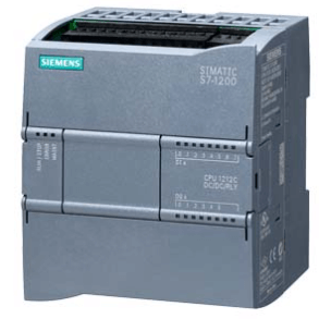 Siemens SIMATIC S7-1200 compact CPU 1212C with DC/DC/relay; features onboard I/O and 100 KB memory.