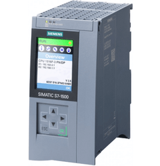 Siemens SIMATIC S7-1500 CPU with color display, showing system overview and control buttons for automation tasks.