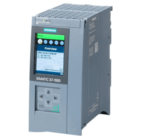 Siemens SIMATIC S7-1500 CPU 1516-3 PN/DP with PROFINET and PROFIBUS interfaces, featuring 2 MB work memory and 6 ns bit performance.