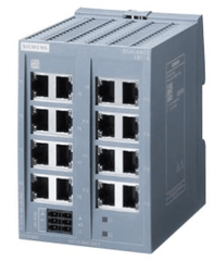 Siemens SCALANCE XB116 unmanaged IE switch with 16 RJ45 ports for small network topologies and LED diagnostics.
