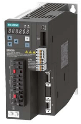 Siemens 6SL3210-5FE11-0UF0 SINAMICS V90 drive with display and PROFINET interface, technical data included.
