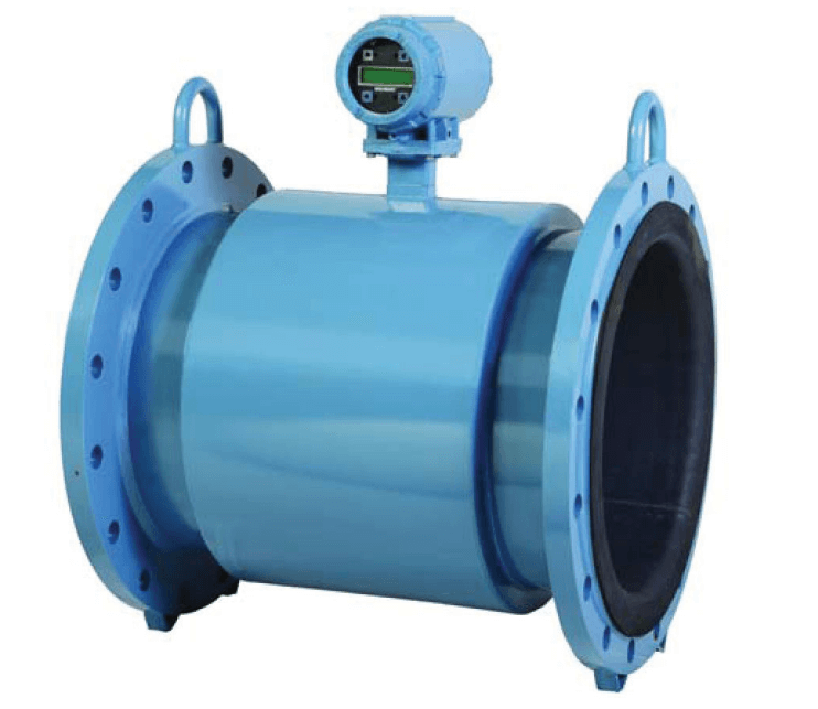 Emerson Rosemount 8750 magnetic flow transmitter with blue flanged body and digital display, 18 inch ASME compliant.