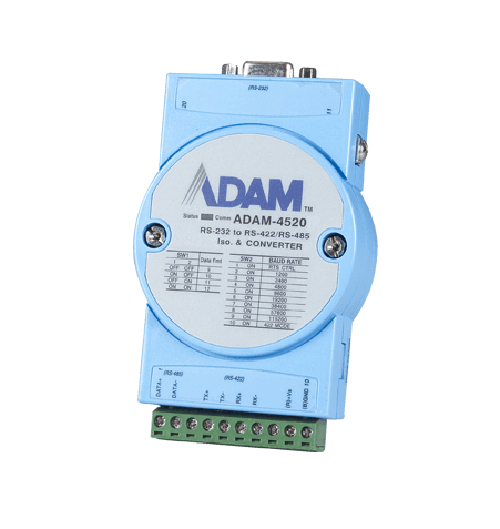 Advantech ADAM-4520 isolated RS-232 to RS-422/485 converter supporting transparent signal conversion in light blue casing