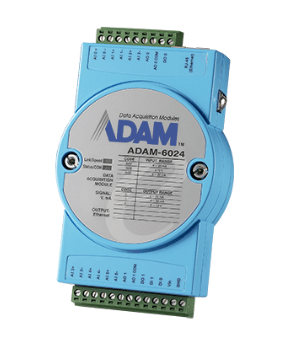 Advantech ADAM-6024 6AI/2AO/2DI/2DO IoT Modbus/SNMP/MQTT Ethernet Remote I/O device showing input and output ports.