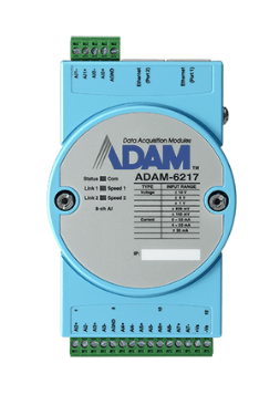 Advantech ADAM-6217 8AI IoT Modbus/SNMP/MQTT 2Ports Ethernet Remote I/O product image with clear labeling.