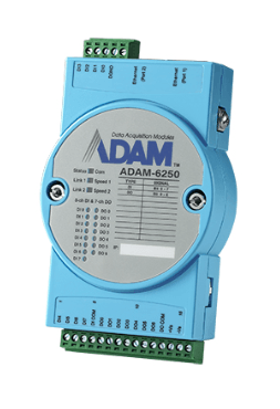 Advantech ADAM-6250 8DI/7DO IoT Modbus/SNMP/MQTT 2Ports Ethernet Remote I/O device with digital inputs and outputs.