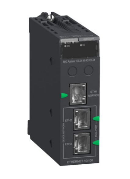 Schneider BMENOC0311 network module for Modicon M580 with Ethernet ports and indicators.