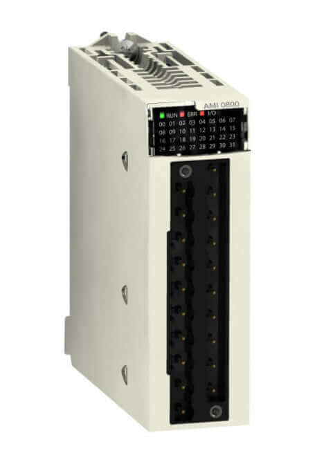 Schneider BMXAMI0810 isolated analog input module X80 with 8 high-speed inputs shown in white enclosure