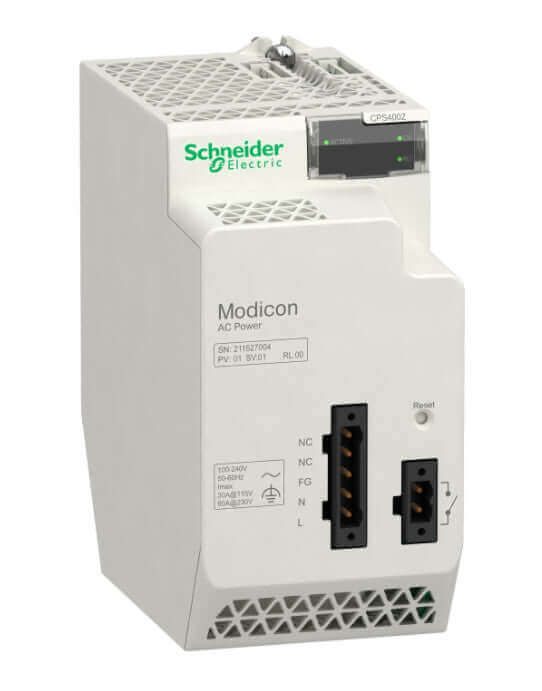 Schneider BMXCPS4002 power supply module X80 100-240V AC with Modicon branding