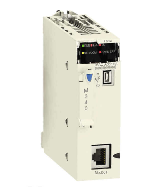 Schneider BMXP341000 Processor module with Modbus for Modicon M340 automation platform featuring max 512 discrete and 128 analog I/O