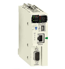 Schneider BMXP3420302 processor module for Modicon M340 automation platform with Ethernet and CANOpen ports.