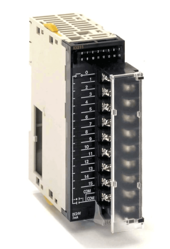 Omron CJ1W-ID211 digital input unit, 16 x 24 VDC inputs with screw terminal, front view