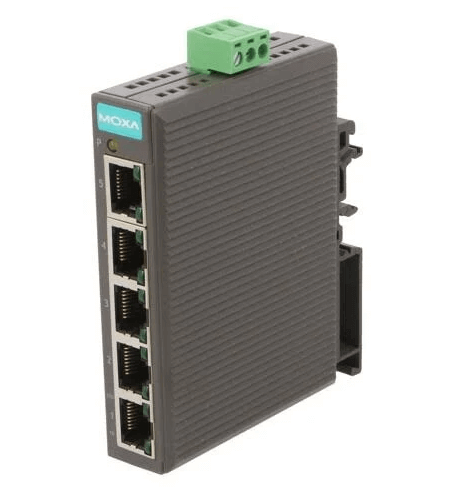 Moxa EDS-205 Ethernet switch with 5 10/100BaseT(X) ports, plastic housing, and wide temperature range
