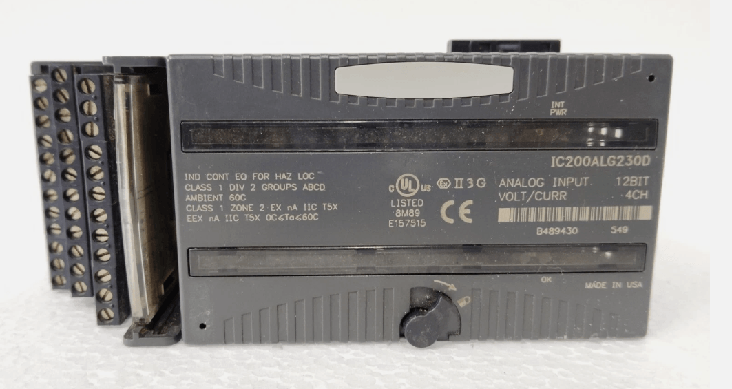 Emerson Automation IC200ALG230D VersaMax analog input module with 4 analog inputs for voltage or current signals.