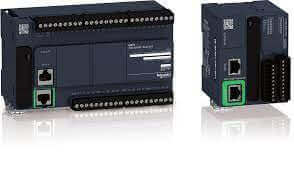 Schneider Modicon M221 controllers showing ports and connections for versatile machine programming and control.
