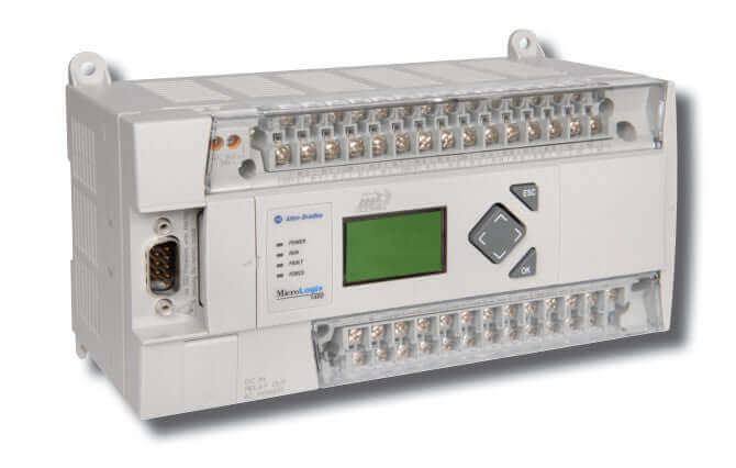 Rockwell 1766-L32BWA PLC with LCD display, multiple inputs, outputs, and communication ports