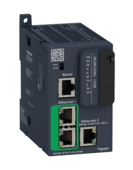 Schneider Modicon TM251MESE PLC showcasing serial and Ethernet connections for modular architectures.