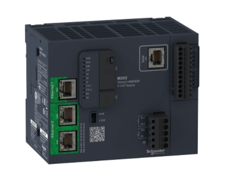 Schneider TM262L10MESE8T Modicon M262 Logic/Motion Controller with various connectivity ports and connections.