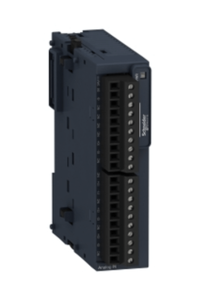 Schneider TM3A14 Modicon TM3 analog input module with 4 screw inputs and 24V DC power.