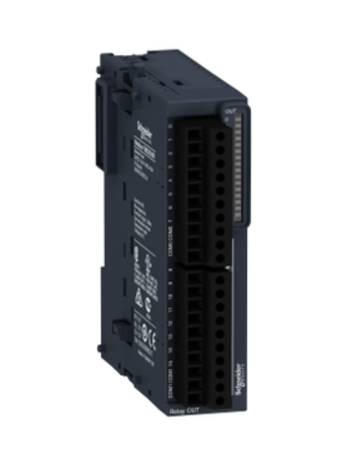 Schneider TM3DQ16R Modicon TM3 discrete output module with 16 relay outputs, 24 VDC suitable for industrial applications.