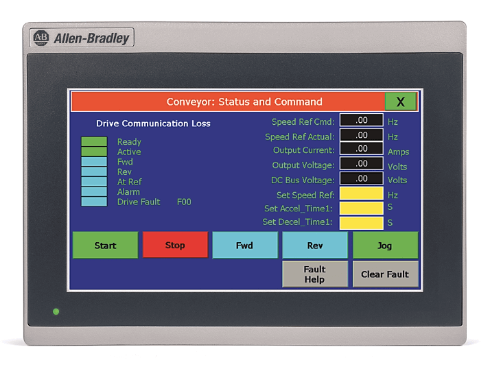 Allen-Bradley 7 inch Graphic Terminal displaying conveyor status and command settings with touch screen interface.