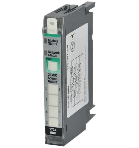 Rockwell 1734-OB8 POINT I/O 8 Point Digital Output Module showing front and side view with status indicators.