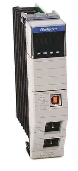 Rockwell 1756-EN4TR ControlLogix Dual Port EtherNet Module, front view with LED indicators and dual ports.