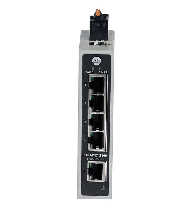 Rockwell 1783-USP5T Stratix 2100 Unmanaged Ethernet Switch front view with multiple Ethernet ports.