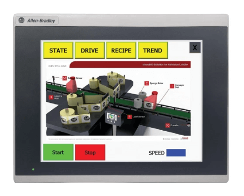 Allen-Bradley PanelView graphic terminal displaying production process with controls for state, drive, recipe, and trend.