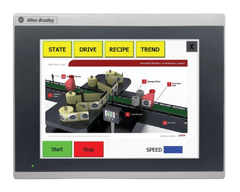 Allen-Bradley PanelView graphic terminal displaying production process with controls for state, drive, recipe, and trend.
