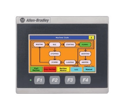 Allen-Bradley 4 inch touchscreen display showing machine state with colorful interface and function buttons.