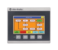 Allen-Bradley 4 inch touchscreen display showing machine state with colorful interface and function buttons.