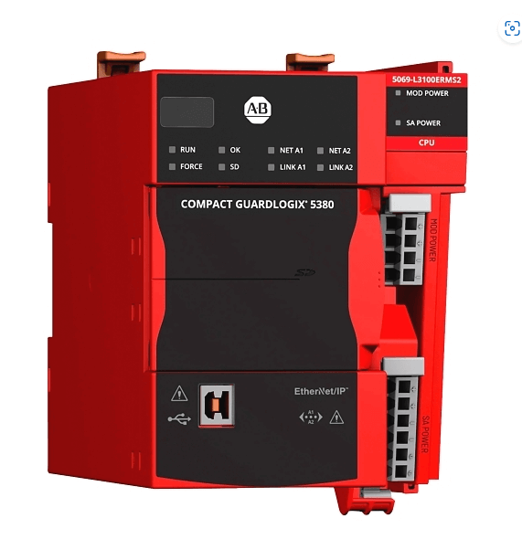 Rockwell 5069L320ERMS2 Allen-Bradley Compact GuardLogix 5380 SIL2 Controller front view with Ethernet/IP ports.